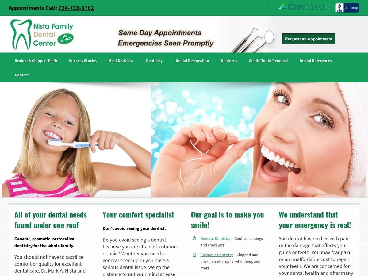Nista Family Dental Center P.C. Website Screenshot from seedrmark.com